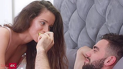 Slim4K: Perfect brunette banged on the bed